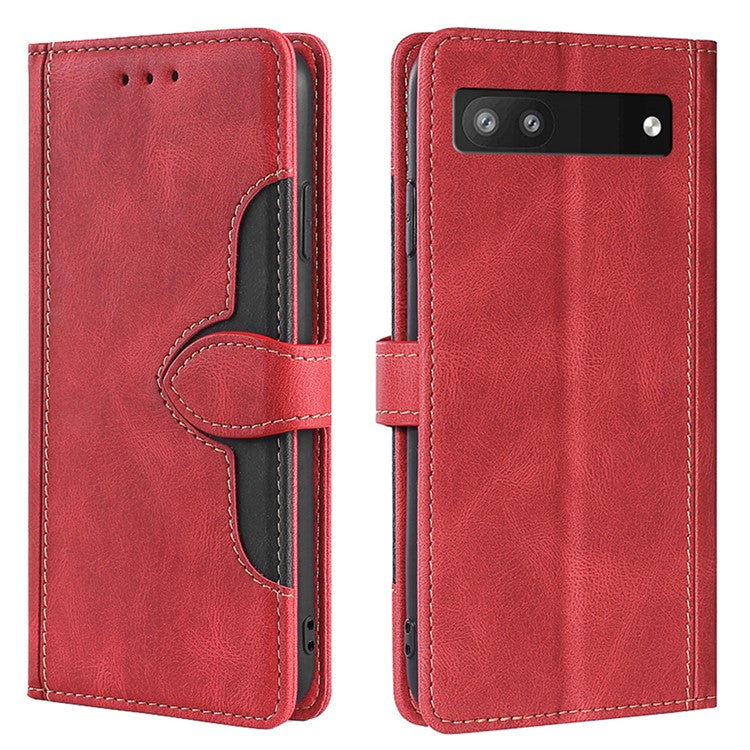 Anti-fingerprint Bi-color Splicing Style Flip Wallet Stand PU Leather Cell Phone Case for Google Pixel 6a - Red