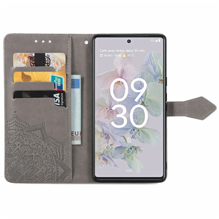 Phone Flip Cover for Google Pixel 6a Embossed Mandala Flower Soft PU Leather Wallet with Strap - Grey