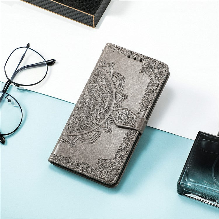 Phone Flip Cover for Google Pixel 6a Embossed Mandala Flower Soft PU Leather Wallet with Strap - Grey
