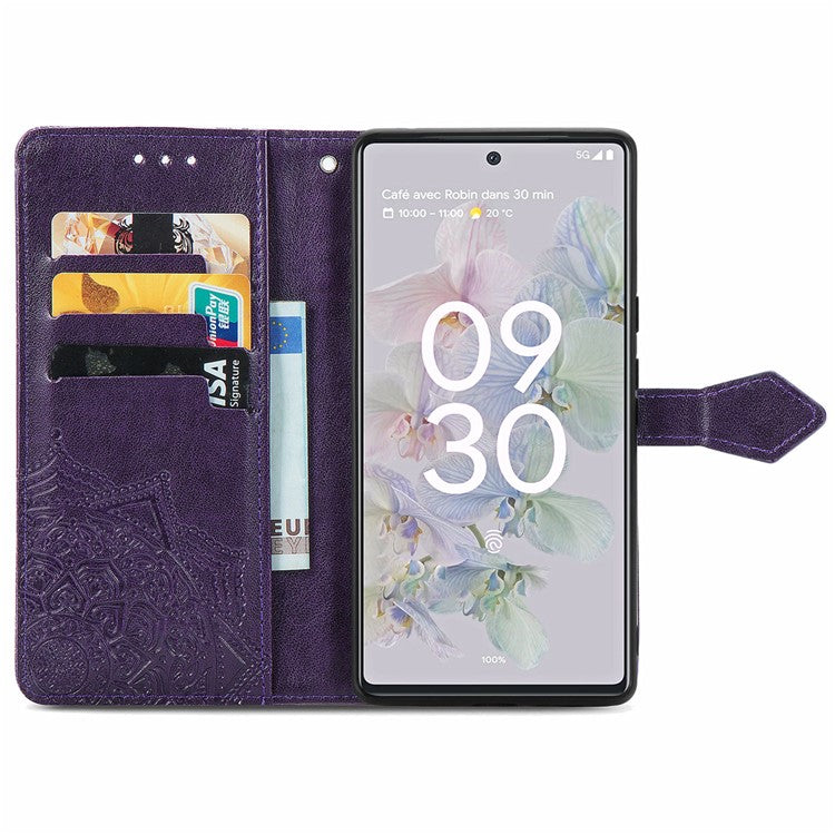 Phone Flip Cover for Google Pixel 6a Embossed Mandala Flower Soft PU Leather Wallet with Strap - Purple