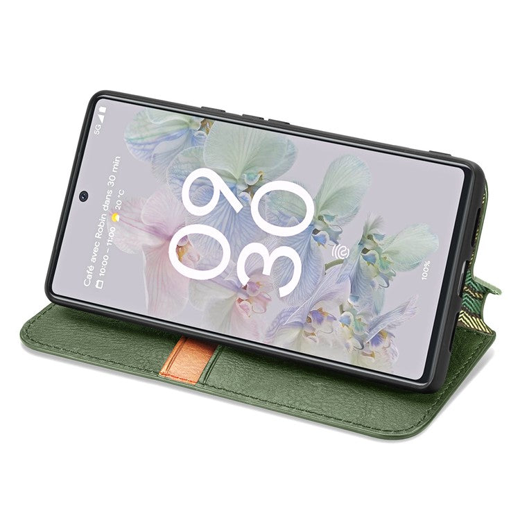 Flip Wallet Phone Case for Google Pixel 6a, Auto Magnetic Closed Rhombus Imprinted Folio PU Leather Stand Cover - Green