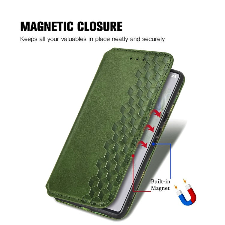 Flip Wallet Phone Case for Google Pixel 6a, Auto Magnetic Closed Rhombus Imprinted Folio PU Leather Stand Cover - Green