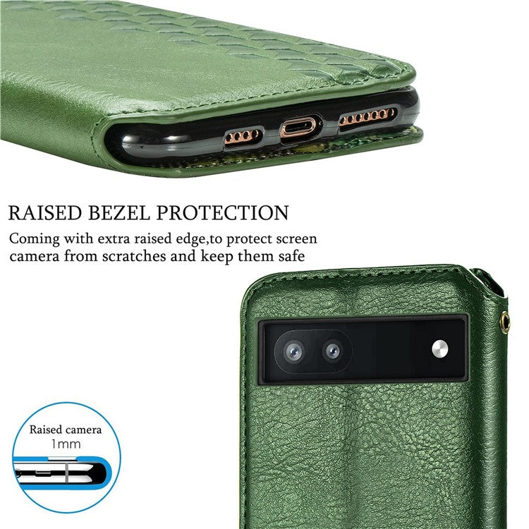 Flip Wallet Phone Case for Google Pixel 6a, Auto Magnetic Closed Rhombus Imprinted Folio PU Leather Stand Cover - Green