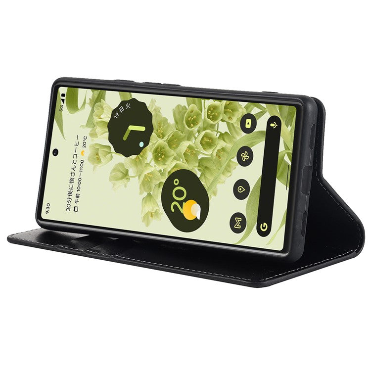 Genuine Leather Phone Case for Google Pixel 6a, Wallet Stand Crazy Horse Texture Shell - Black