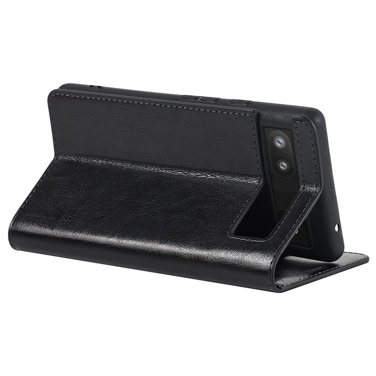 Genuine Leather Phone Case for Google Pixel 6a, Wallet Stand Crazy Horse Texture Shell - Black