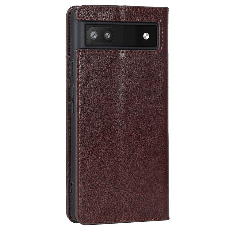 Genuine Leather Phone Case for Google Pixel 6a, Wallet Stand Crazy Horse Texture Shell - Coffee