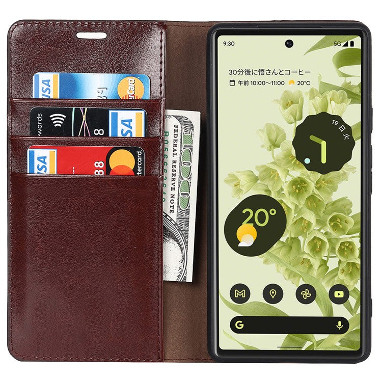 Genuine Leather Phone Case for Google Pixel 6a, Wallet Stand Crazy Horse Texture Shell - Coffee