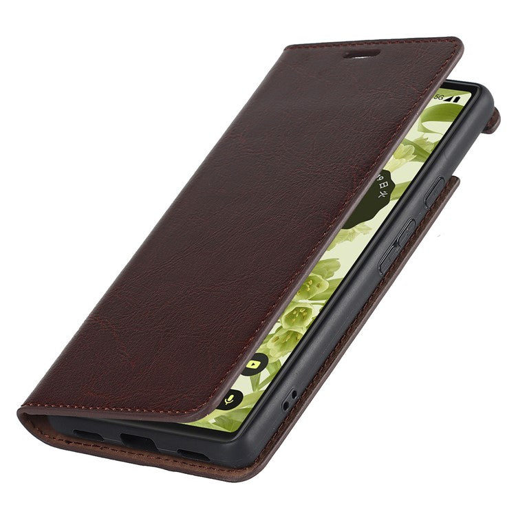Genuine Leather Phone Case for Google Pixel 6a, Wallet Stand Crazy Horse Texture Shell - Coffee