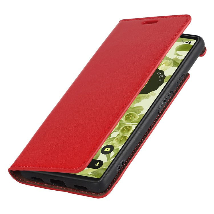 Genuine Leather Phone Case for Google Pixel 6a, Wallet Stand Crazy Horse Texture Shell - Red