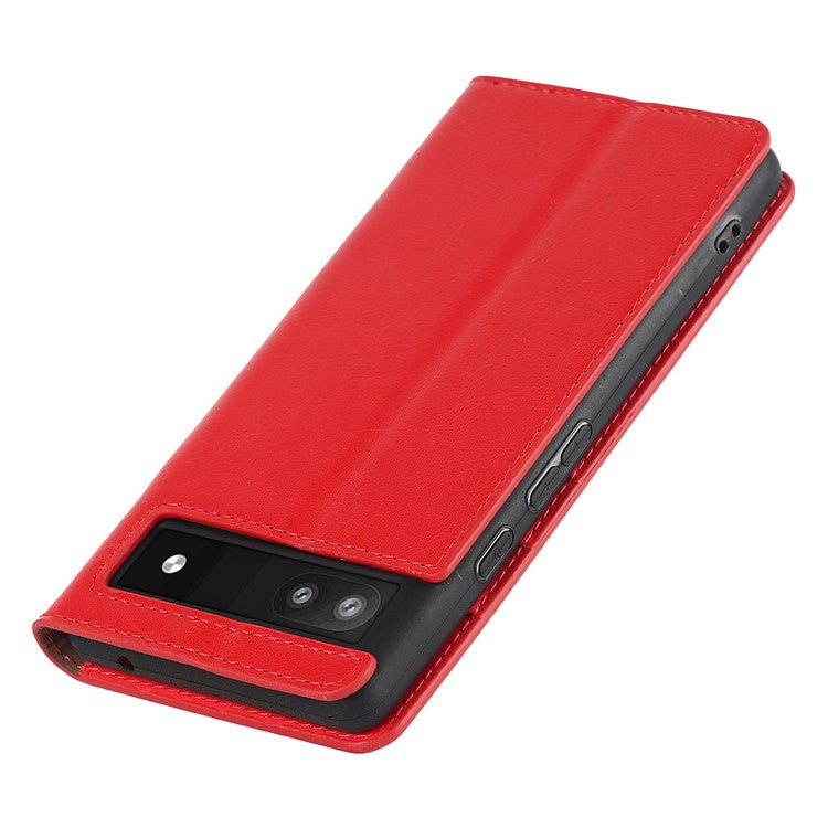 Genuine Leather Phone Case for Google Pixel 6a, Wallet Stand Crazy Horse Texture Shell - Red