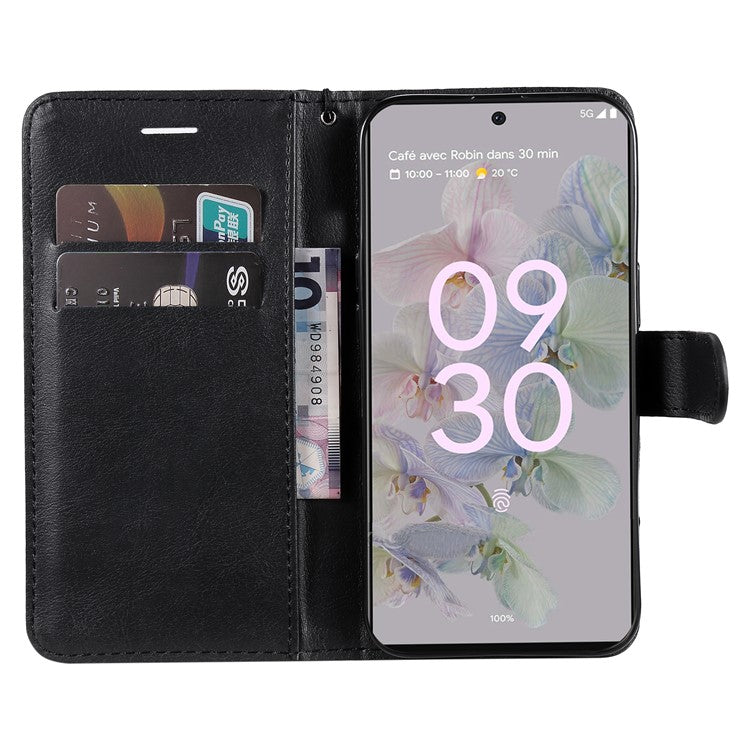KT Leather Series-2 Stand Wallet Phone Case for Google Pixel 6a 5G, PU Leather + TPU All-round Protection Cover with Wrist Strap - Black