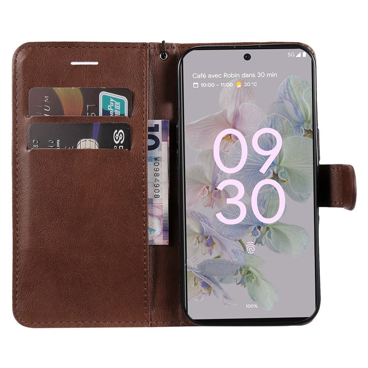 KT Leather Series-2 Stand Wallet Phone Case for Google Pixel 6a 5G, PU Leather + TPU All-round Protection Cover with Wrist Strap - Brown