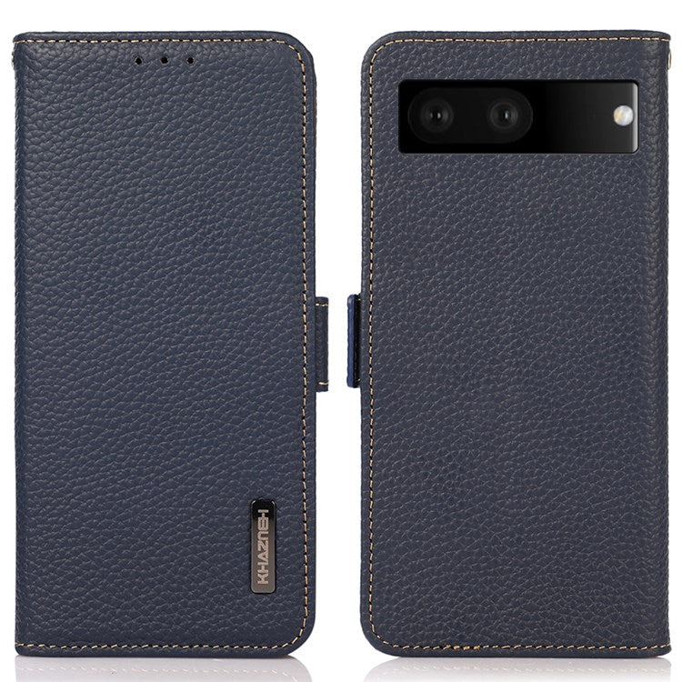 KHAZNEH Litchi Texture Phone Case for Google Pixel 7, Genuine Leather RFID Blocking Shell with Stand Wallet - Blue
