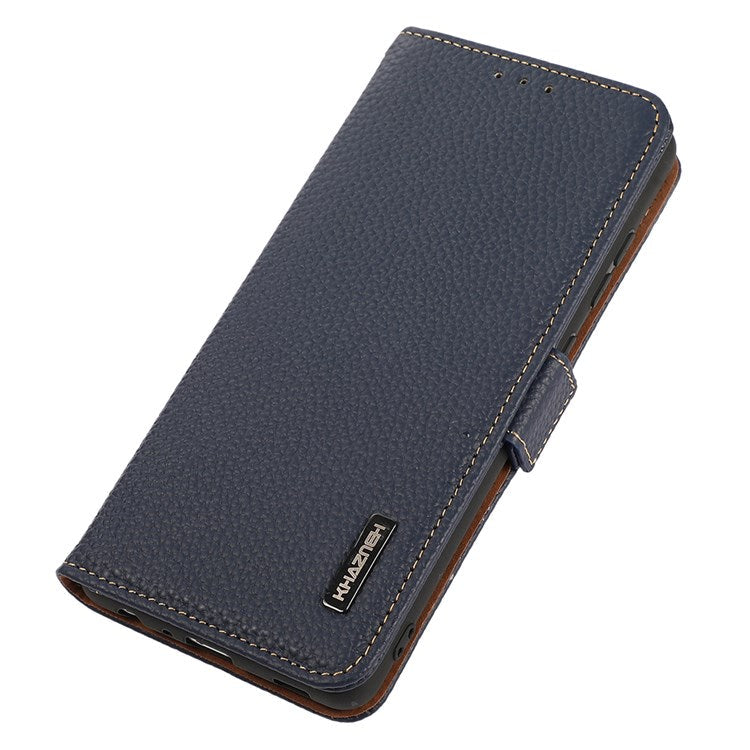 KHAZNEH Litchi Texture Phone Case for Google Pixel 7, Genuine Leather RFID Blocking Shell with Stand Wallet - Blue