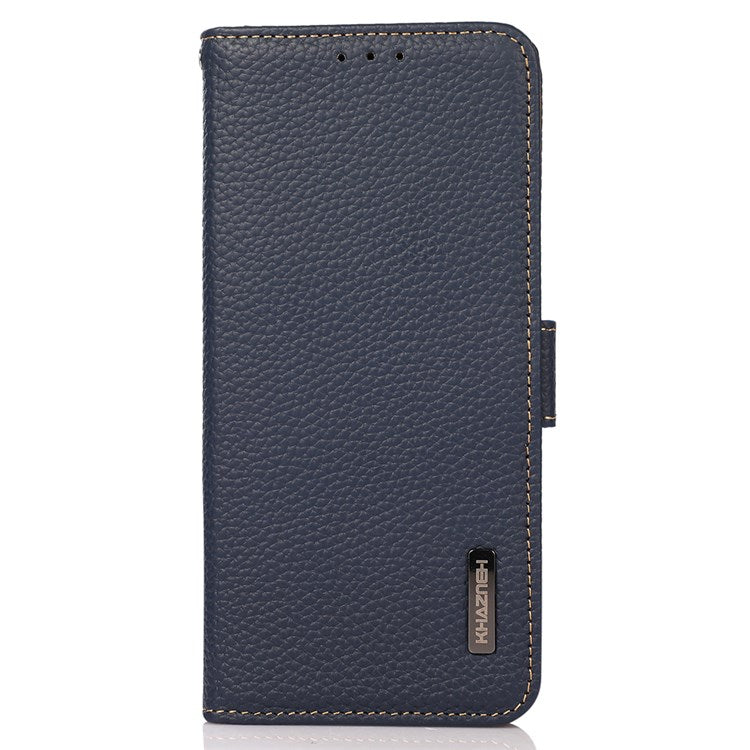 KHAZNEH Litchi Texture Phone Case for Google Pixel 7, Genuine Leather RFID Blocking Shell with Stand Wallet - Blue