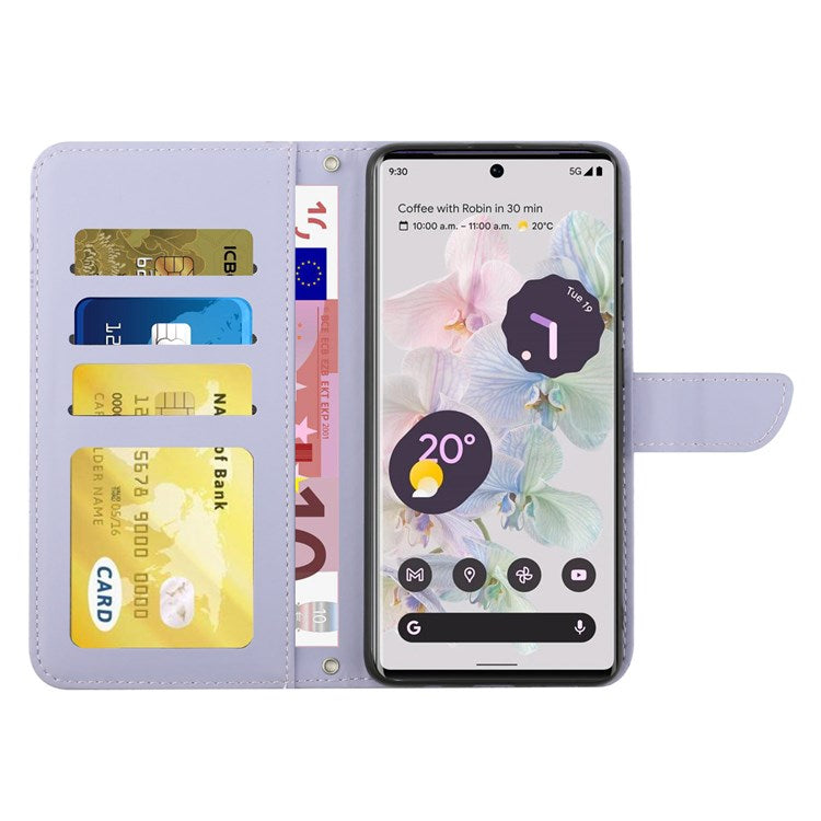 For Google Pixel 6a TPU+PU Leather Phone Case, Skin-touch Feeling Stand Butterfly Flowers Imprinting Pattern Wallet Cover with Shoulder Strap - Light Purple