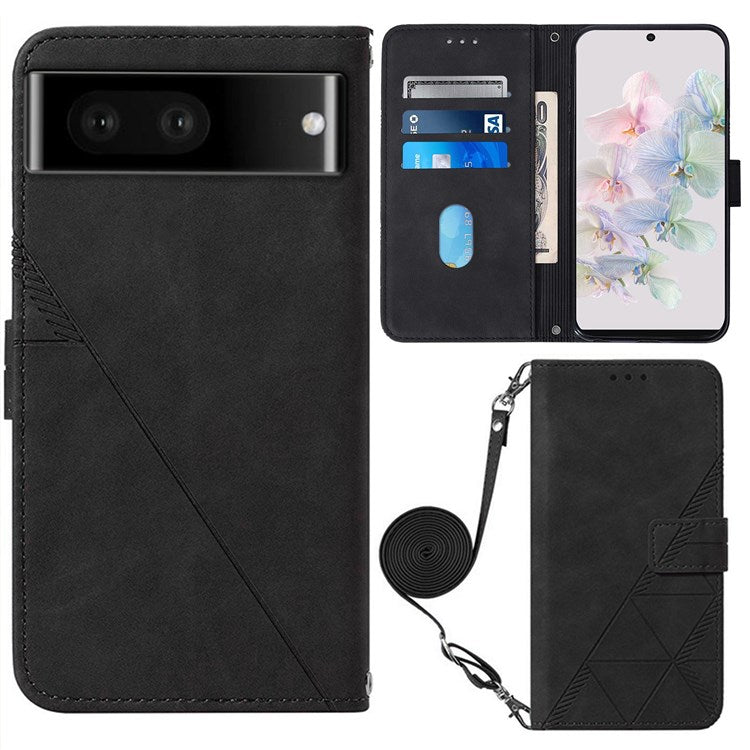 YB Imprinting Series-2 for Google Pixel 7 Stand Wallet Case PU Leather Imprinting Lines Cover with Shoulder Strap - Black