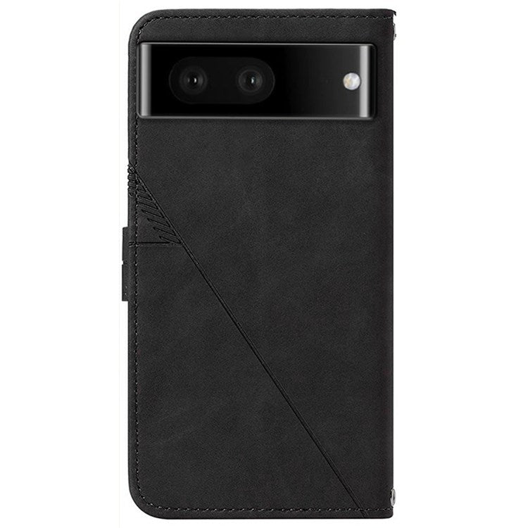 YB Imprinting Series-2 for Google Pixel 7 Stand Wallet Case PU Leather Imprinting Lines Cover with Shoulder Strap - Black