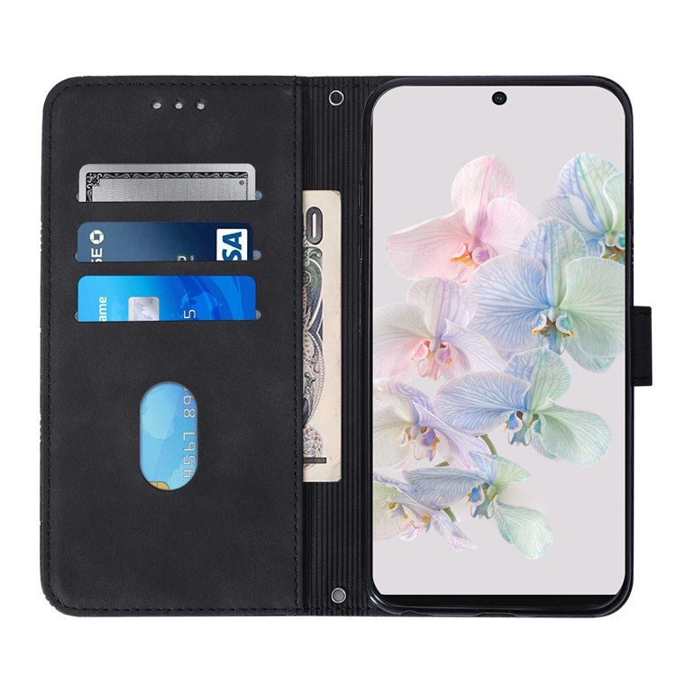 YB Imprinting Series-2 for Google Pixel 7 Stand Wallet Case PU Leather Imprinting Lines Cover with Shoulder Strap - Black