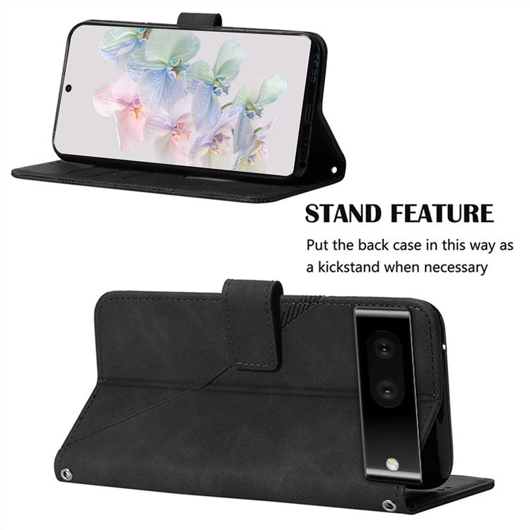 YB Imprinting Series-2 for Google Pixel 7 Stand Wallet Case PU Leather Imprinting Lines Cover with Shoulder Strap - Black