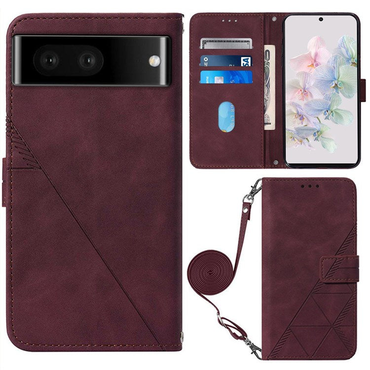 YB Imprinting Series-2 for Google Pixel 7 Stand Wallet Case PU Leather Imprinting Lines Cover with Shoulder Strap - Wine Red