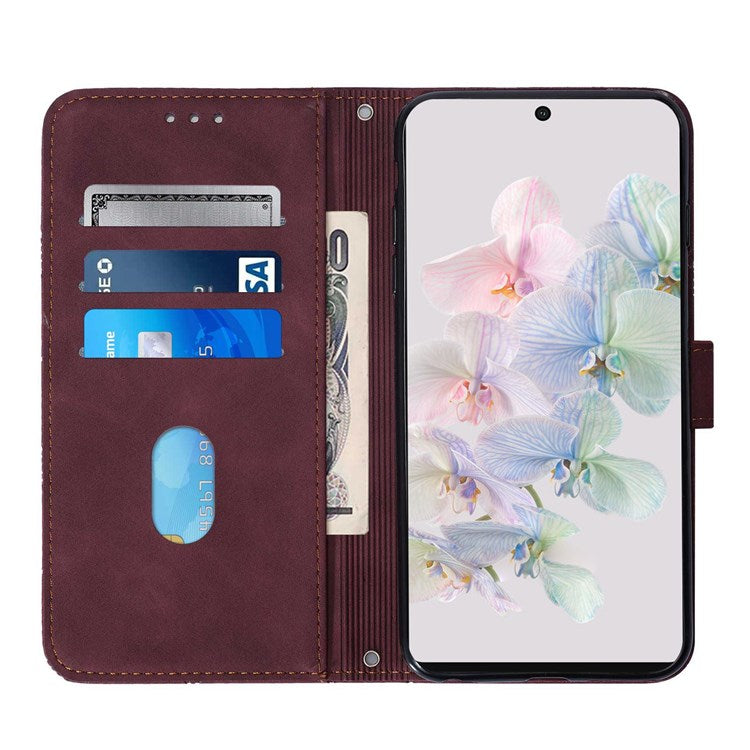 YB Imprinting Series-2 for Google Pixel 7 Stand Wallet Case PU Leather Imprinting Lines Cover with Shoulder Strap - Wine Red