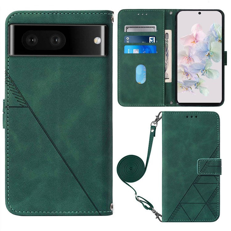 YB Imprinting Series-2 for Google Pixel 7 Stand Wallet Case PU Leather Imprinting Lines Cover with Shoulder Strap - Blackish Green