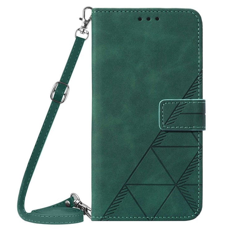 YB Imprinting Series-2 for Google Pixel 7 Stand Wallet Case PU Leather Imprinting Lines Cover with Shoulder Strap - Blackish Green