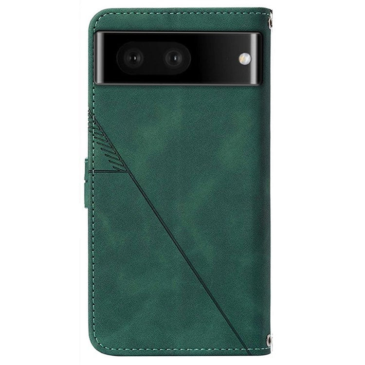 YB Imprinting Series-2 for Google Pixel 7 Stand Wallet Case PU Leather Imprinting Lines Cover with Shoulder Strap - Blackish Green