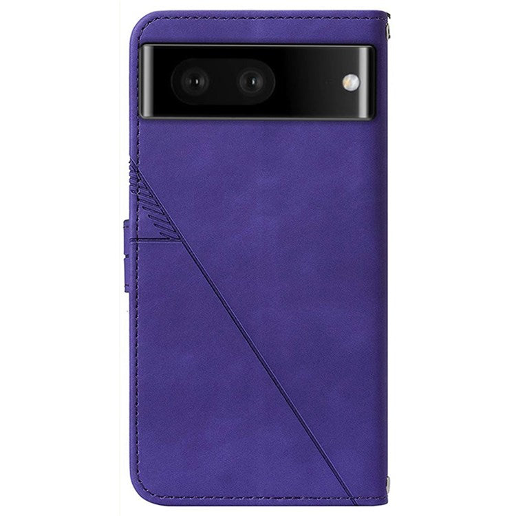 YB Imprinting Series-2 for Google Pixel 7 Stand Wallet Case PU Leather Imprinting Lines Cover with Shoulder Strap - Purple