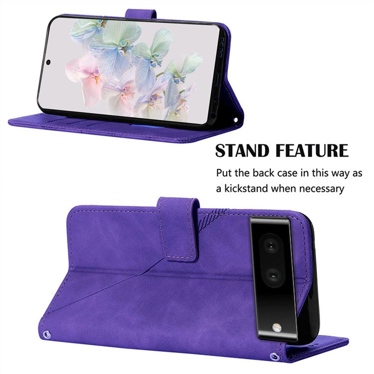YB Imprinting Series-2 for Google Pixel 7 Stand Wallet Case PU Leather Imprinting Lines Cover with Shoulder Strap - Purple