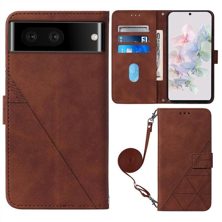 YB Imprinting Series-2 for Google Pixel 7 Stand Wallet Case PU Leather Imprinting Lines Cover with Shoulder Strap - Brown