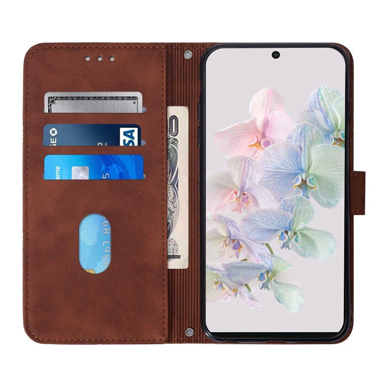 YB Imprinting Series-2 for Google Pixel 7 Stand Wallet Case PU Leather Imprinting Lines Cover with Shoulder Strap - Brown