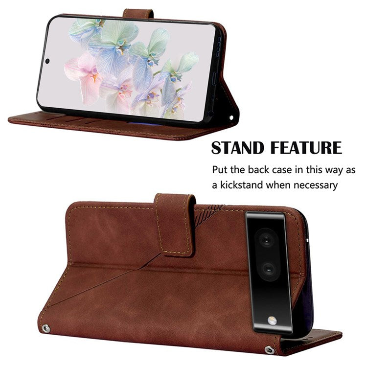 YB Imprinting Series-2 for Google Pixel 7 Stand Wallet Case PU Leather Imprinting Lines Cover with Shoulder Strap - Brown