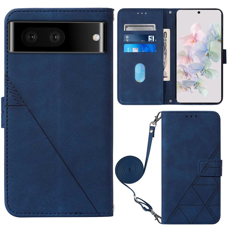 YB Imprinting Series-2 for Google Pixel 7 Stand Wallet Case PU Leather Imprinting Lines Cover with Shoulder Strap - Sapphire