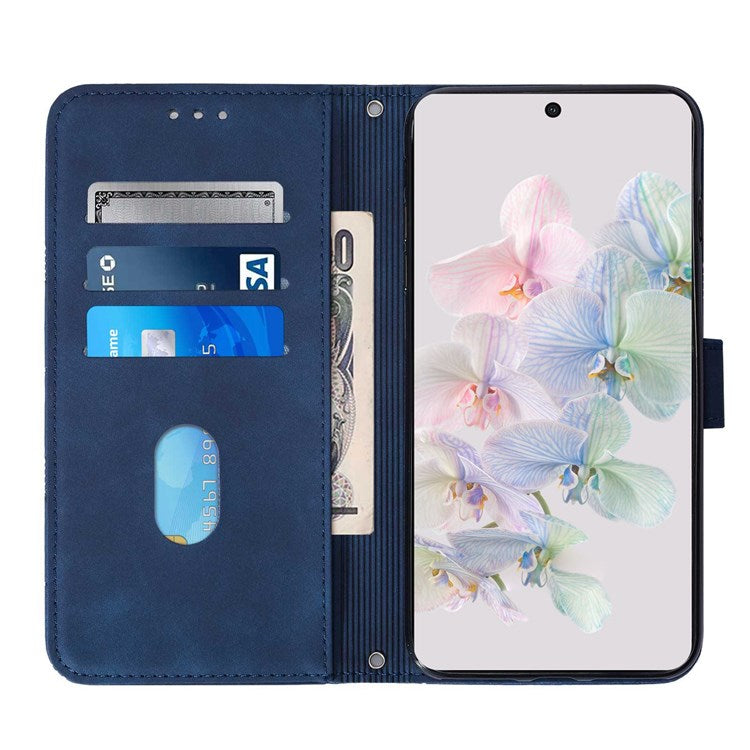 YB Imprinting Series-2 for Google Pixel 7 Stand Wallet Case PU Leather Imprinting Lines Cover with Shoulder Strap - Sapphire