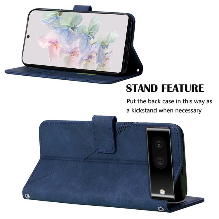 YB Imprinting Series-2 for Google Pixel 7 Stand Wallet Case PU Leather Imprinting Lines Cover with Shoulder Strap - Sapphire