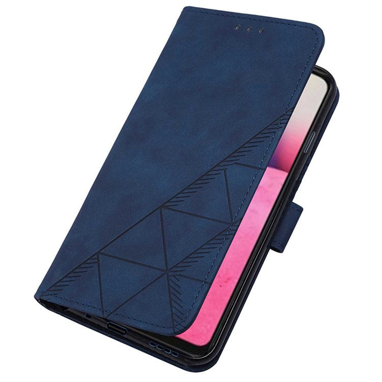 YB Imprinting Series-2 for Google Pixel 7 Stand Wallet Case PU Leather Imprinting Lines Cover with Shoulder Strap - Sapphire