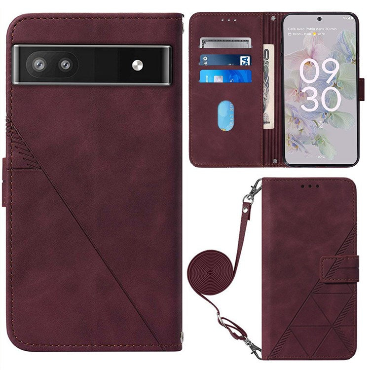 YB Imprinting Series-2 for Google Pixel 6a Imprinting Lines PU Leather Cover Stand Wallet Inner TPU Shell with Shoulder Strap - Wine Red
