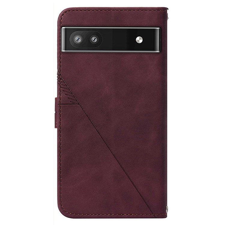 YB Imprinting Series-2 for Google Pixel 6a Imprinting Lines PU Leather Cover Stand Wallet Inner TPU Shell with Shoulder Strap - Wine Red