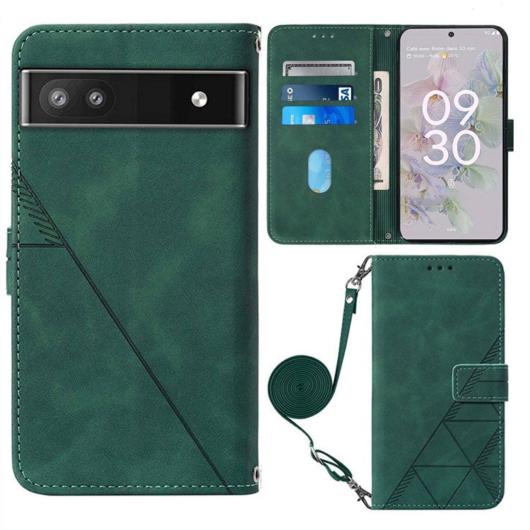 YB Imprinting Series-2 for Google Pixel 6a Imprinting Lines PU Leather Cover Stand Wallet Inner TPU Shell with Shoulder Strap - Blackish Green