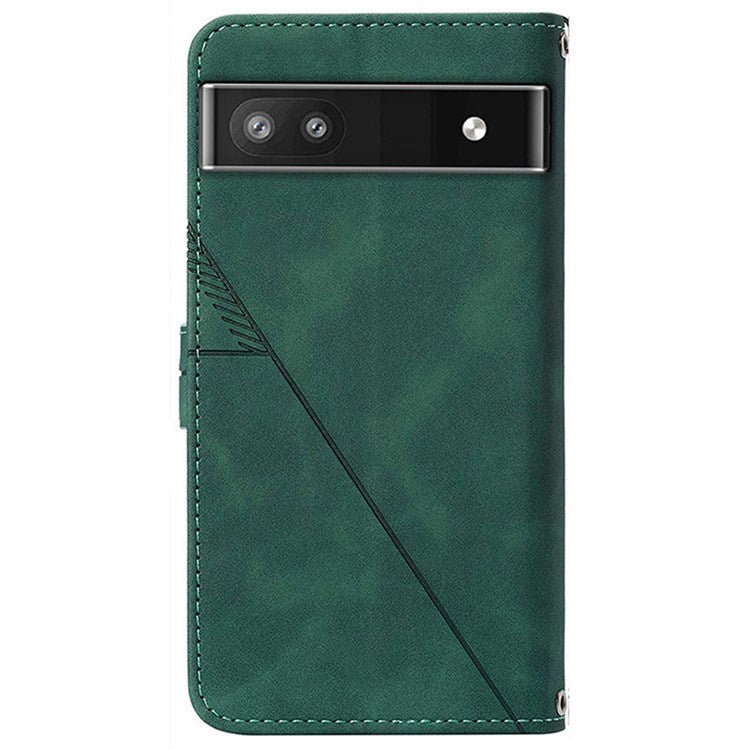 YB Imprinting Series-2 for Google Pixel 6a Imprinting Lines PU Leather Cover Stand Wallet Inner TPU Shell with Shoulder Strap - Blackish Green