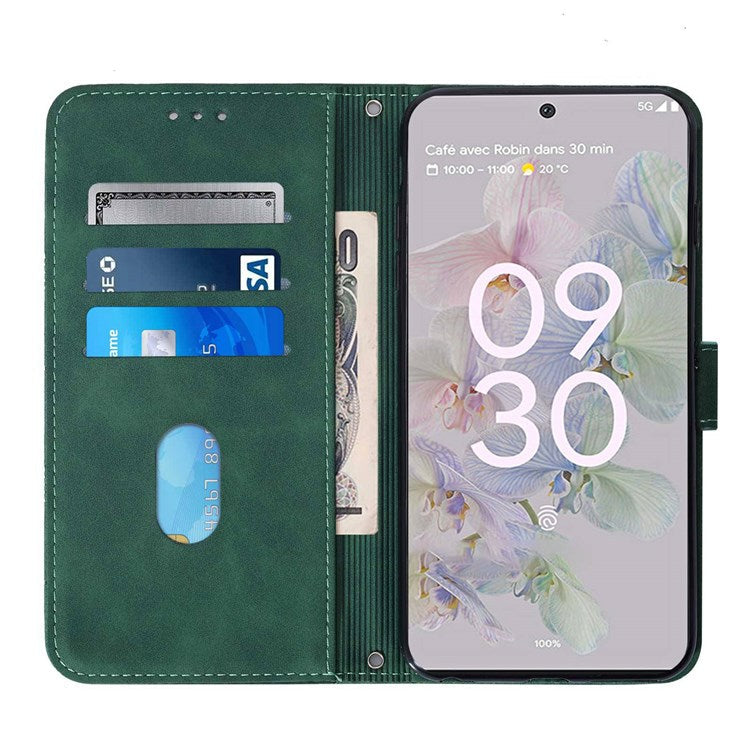 YB Imprinting Series-2 for Google Pixel 6a Imprinting Lines PU Leather Cover Stand Wallet Inner TPU Shell with Shoulder Strap - Blackish Green