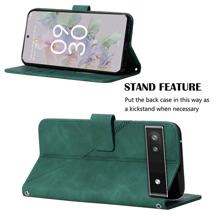 YB Imprinting Series-2 for Google Pixel 6a Imprinting Lines PU Leather Cover Stand Wallet Inner TPU Shell with Shoulder Strap - Blackish Green