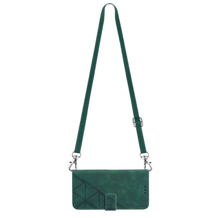 YB Imprinting Series-2 for Google Pixel 6a Imprinting Lines PU Leather Cover Stand Wallet Inner TPU Shell with Shoulder Strap - Blackish Green