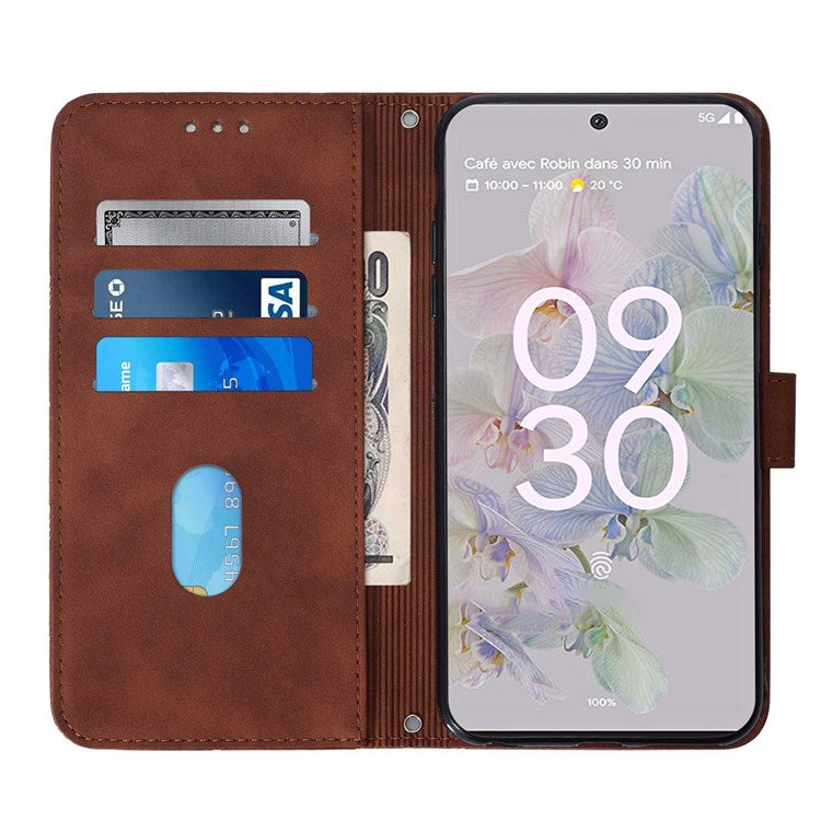 YB Imprinting Series-2 for Google Pixel 6a Imprinting Lines PU Leather Cover Stand Wallet Inner TPU Shell with Shoulder Strap - Brown