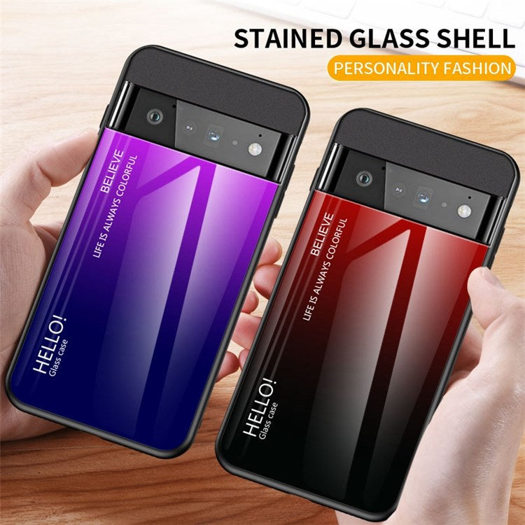 For Google Pixel 7 Gradient Color Case Tempered Glass + PC Back + Soft TPU Hybrid Slim Cover - Black