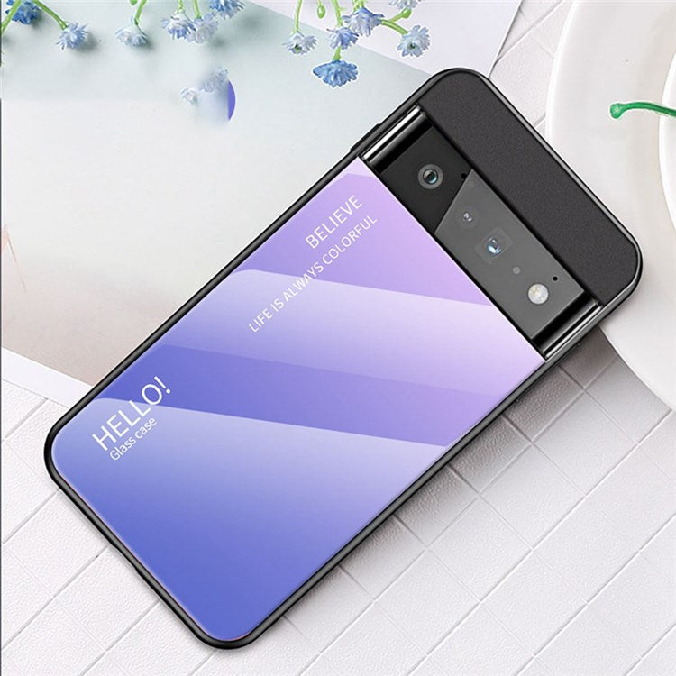 For Google Pixel 7 Gradient Color Case Tempered Glass + PC Back + Soft TPU Hybrid Slim Cover - Gradient Pink Purple