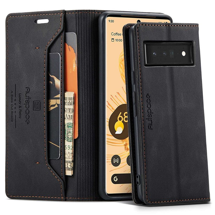 AUTSPACE A01 Series for Google Pixel 6 Pro PU Leather Case RFID Blocking Retro Wallet Stand Flip Cover - Black