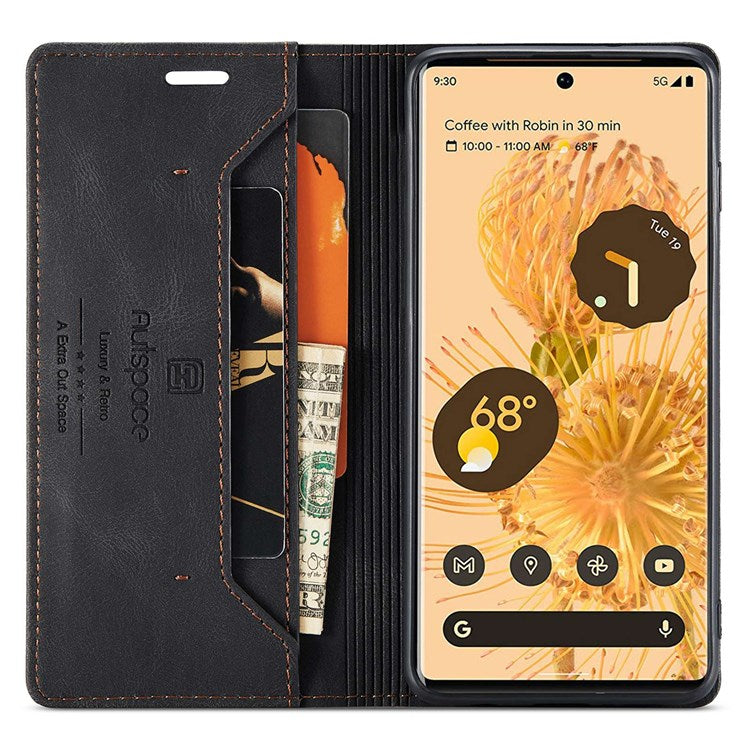 AUTSPACE A01 Series for Google Pixel 6 Pro PU Leather Case RFID Blocking Retro Wallet Stand Flip Cover - Black